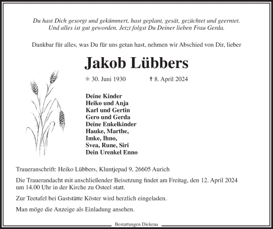 Traueranzeige von Jakob Lübbers von Ostfriesischer Kurier GmbH