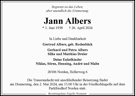 Traueranzeige von Jann Albers von Ostfriesischer Kurier GmbH