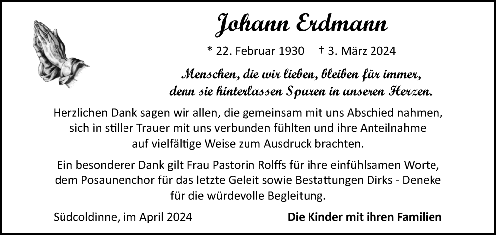  Traueranzeige für Johann Erdmann vom 13.04.2024 aus Ostfriesischer Kurier GmbH