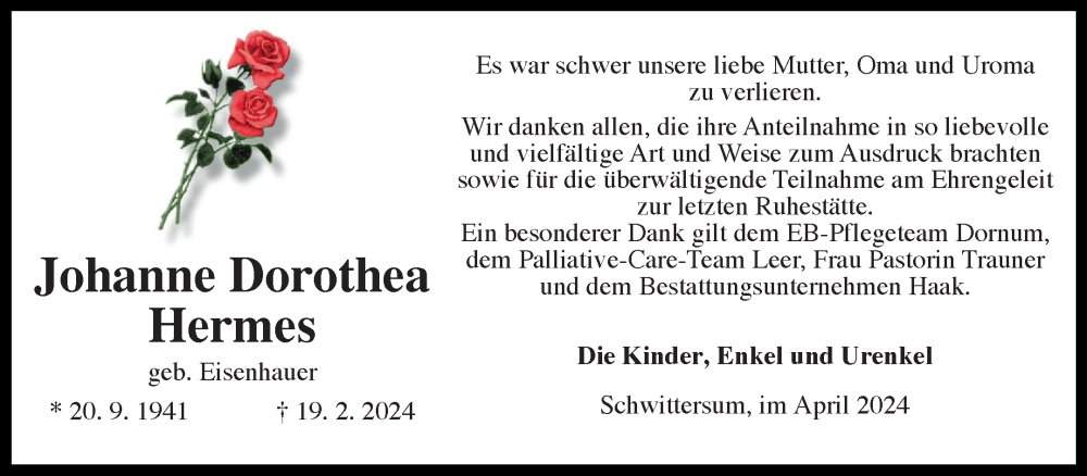  Traueranzeige für Johanne Dorothea Hermes vom 13.04.2024 aus Ostfriesischer Kurier GmbH