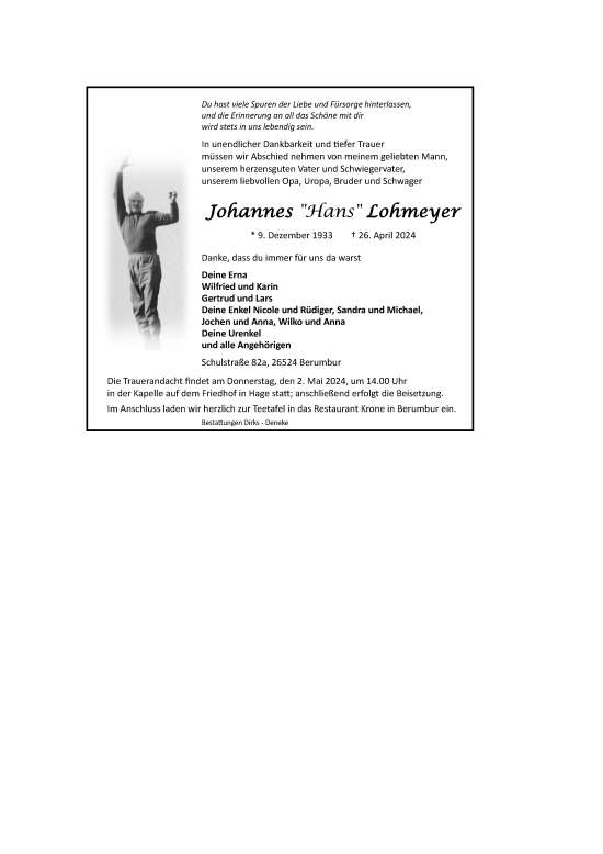 Traueranzeige von Johannes Lohmeyer von Ostfriesischer Kurier GmbH