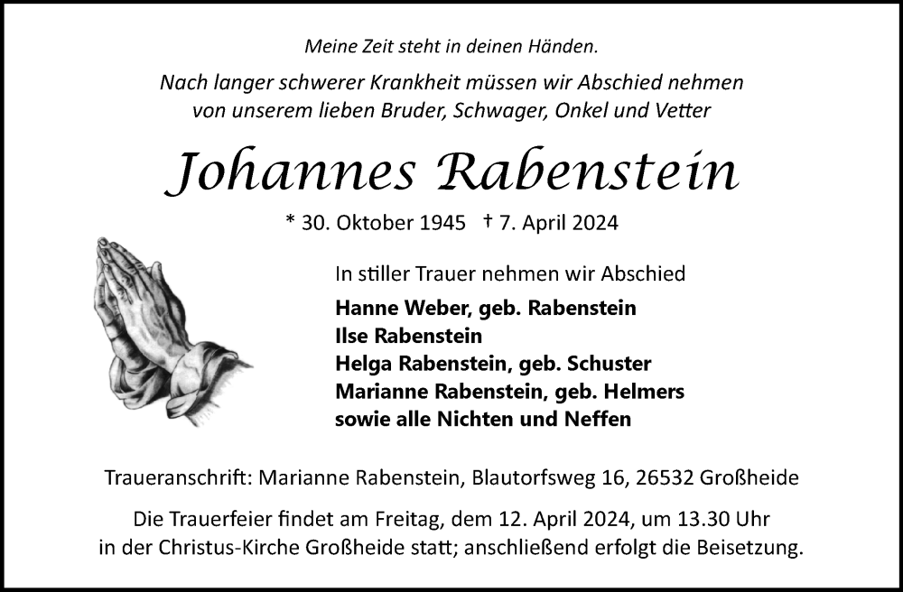  Traueranzeige für Johannes Rabenstein vom 09.04.2024 aus Ostfriesischer Kurier GmbH