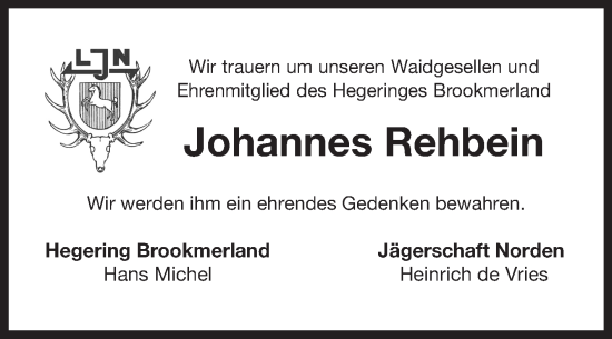 Traueranzeige von Johannes Rehbein von Ostfriesischer Kurier GmbH