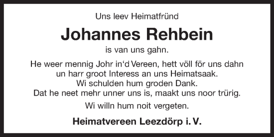 Traueranzeige von Johannes Rehbein von Ostfriesischer Kurier GmbH