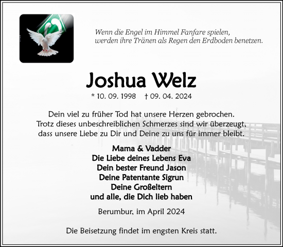 Traueranzeige von Joshua Welz von Ostfriesischer Kurier GmbH