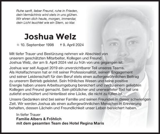 Traueranzeige von Joshua Welz von Ostfriesischer Kurier GmbH