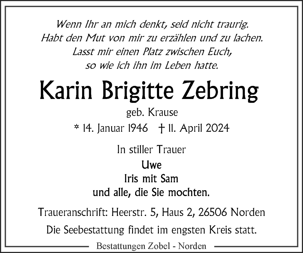  Traueranzeige für Karin Brigitte Zebring vom 20.04.2024 aus Ostfriesischer Kurier GmbH