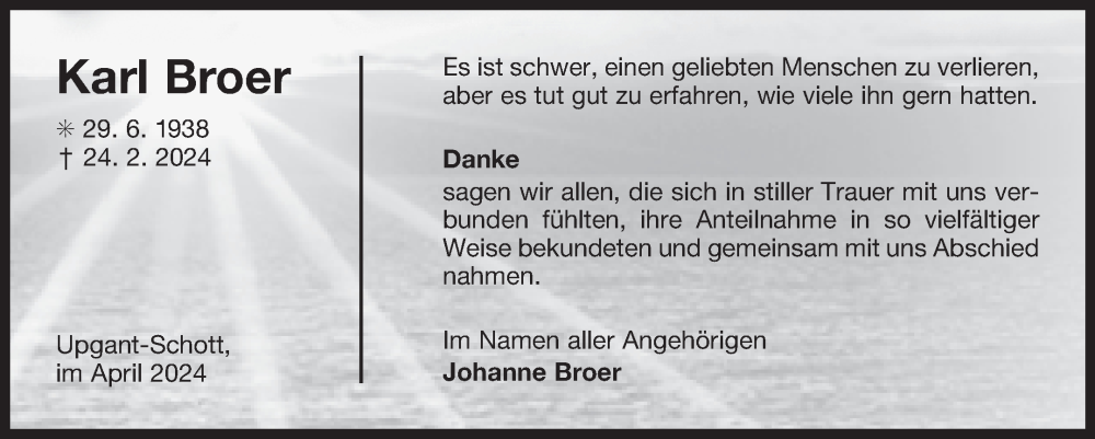 Traueranzeige für Karl Broer vom 06.04.2024 aus Ostfriesischer Kurier GmbH