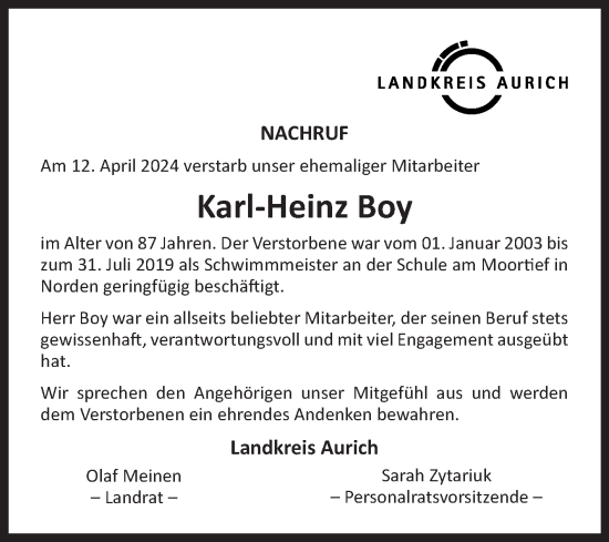 Traueranzeige von Karl-Heinz Boy von Ostfriesischer Kurier GmbH