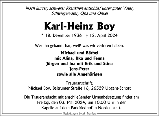 Traueranzeige von Karl-Heinz Boy von Ostfriesischer Kurier GmbH