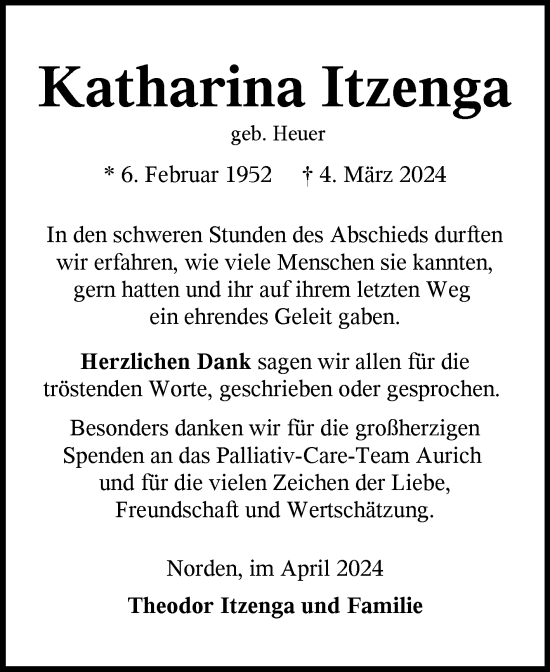 Traueranzeige von Katharina Itzenga von Ostfriesischer Kurier GmbH