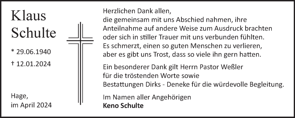  Traueranzeige für Klaus Schulte vom 06.04.2024 aus Ostfriesischer Kurier GmbH
