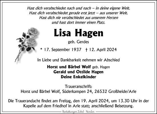 Traueranzeige von Lisa Hagen von Ostfriesischer Kurier GmbH