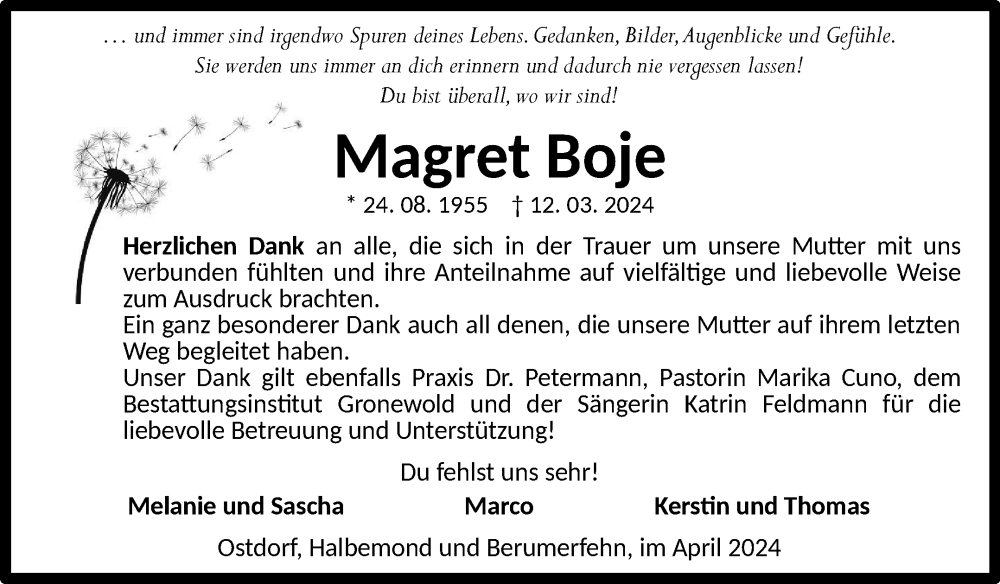  Traueranzeige für Magret Boje vom 20.04.2024 aus Ostfriesischer Kurier GmbH