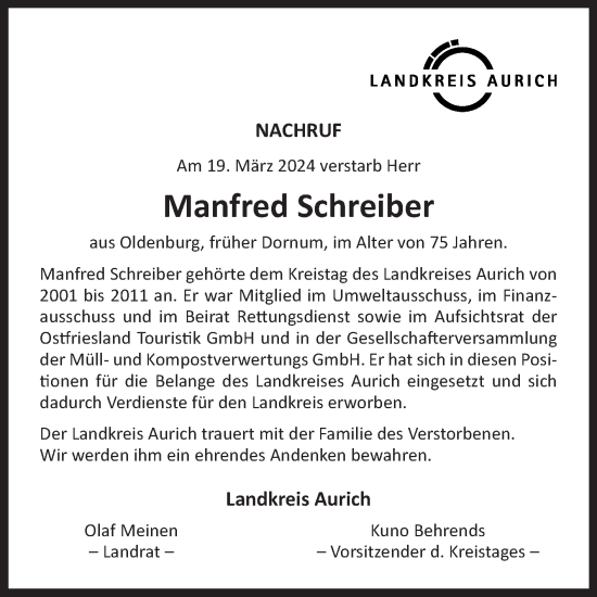 Traueranzeige von Manfred Schreiber von Ostfriesischer Kurier GmbH