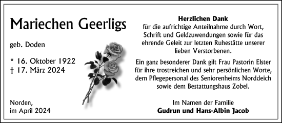 Traueranzeige von Mariechen Geerligs von Ostfriesischer Kurier GmbH