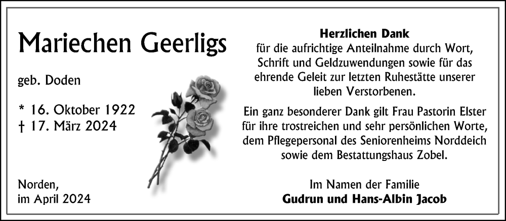  Traueranzeige für Mariechen Geerligs vom 13.04.2024 aus Ostfriesischer Kurier GmbH