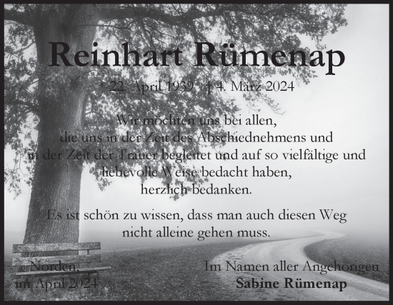 Traueranzeige von Reinhart Rümenap von Ostfriesischer Kurier GmbH