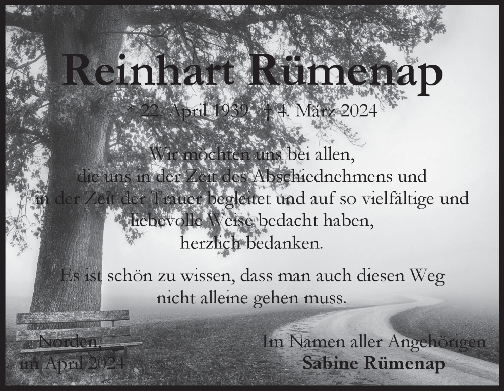 Traueranzeige für Reinhart Rümenap vom 06.04.2024 aus Ostfriesischer Kurier GmbH