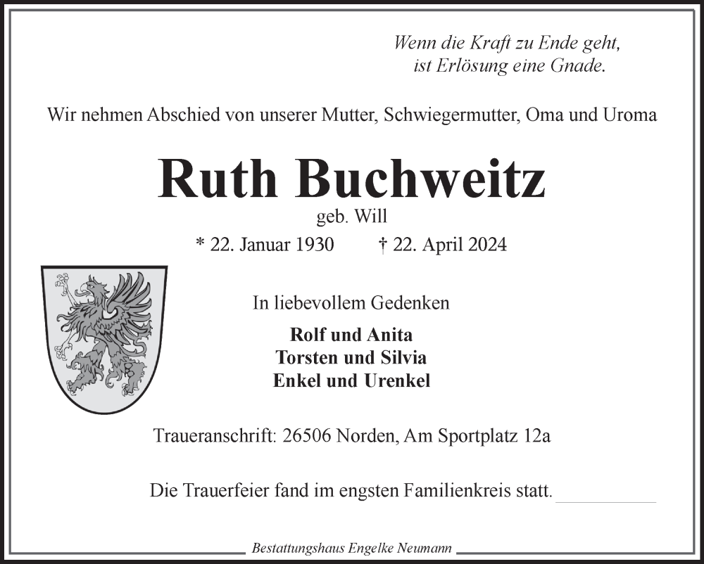  Traueranzeige für Ruth Buchweitz vom 27.04.2024 aus Ostfriesischer Kurier GmbH