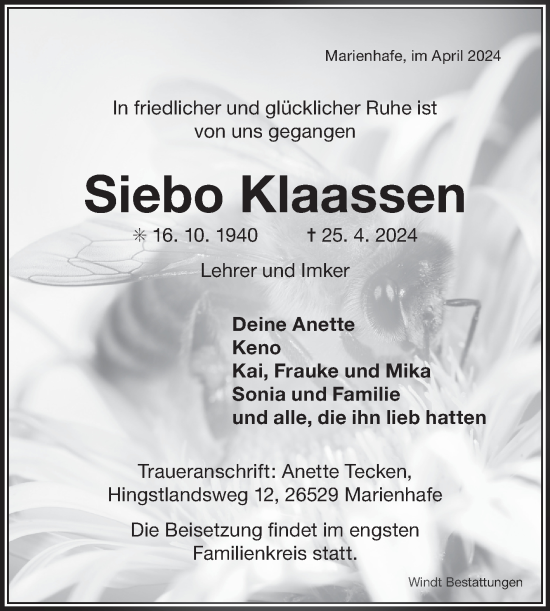 Traueranzeige von Siebo Klaassen von Ostfriesischer Kurier GmbH