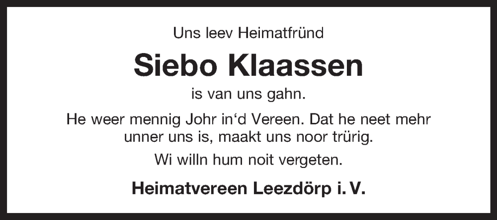  Traueranzeige für Siebo Klaassen vom 30.04.2024 aus Ostfriesischer Kurier GmbH