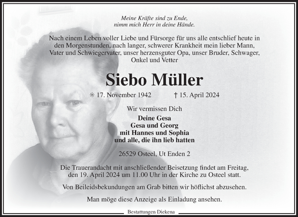  Traueranzeige für Siebo Müller vom 17.04.2024 aus Ostfriesischer Kurier GmbH