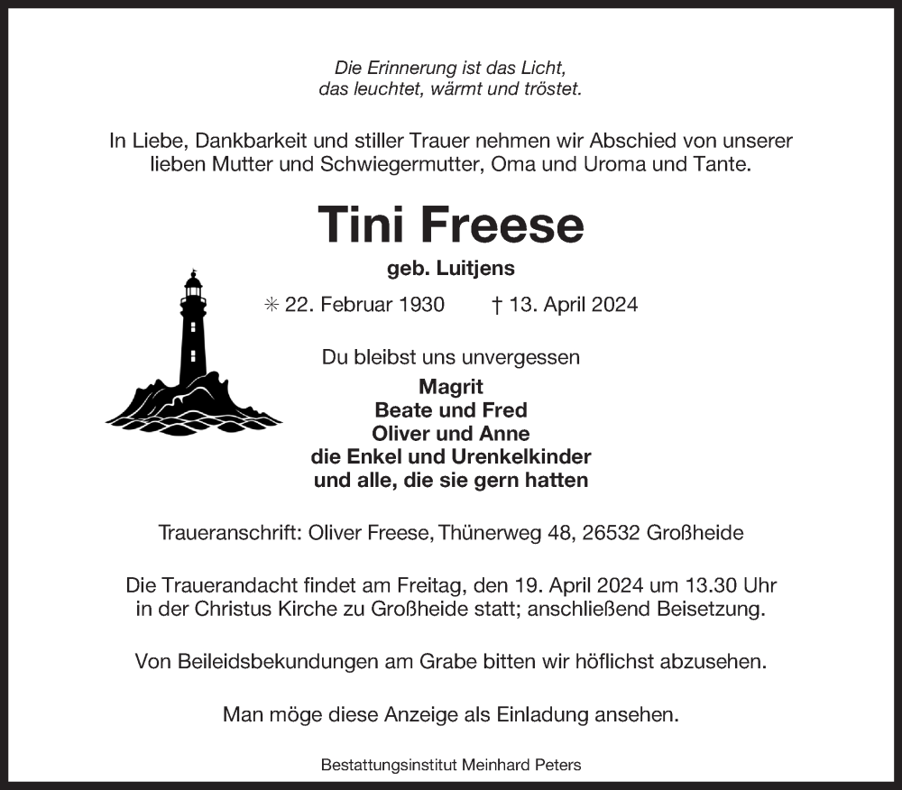  Traueranzeige für Tini Freese vom 17.04.2024 aus Ostfriesischer Kurier GmbH