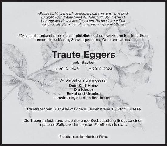 Traueranzeige von Traute Eggers von Ostfriesischer Kurier GmbH