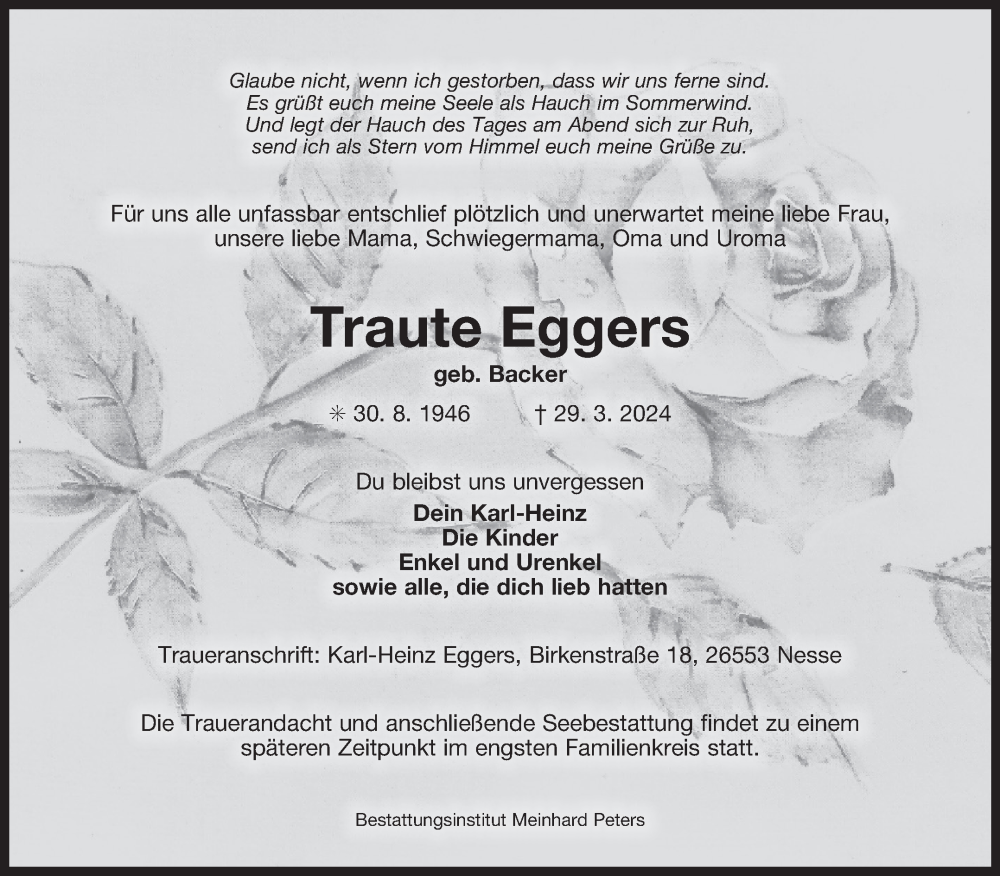  Traueranzeige für Traute Eggers vom 03.04.2024 aus Ostfriesischer Kurier GmbH