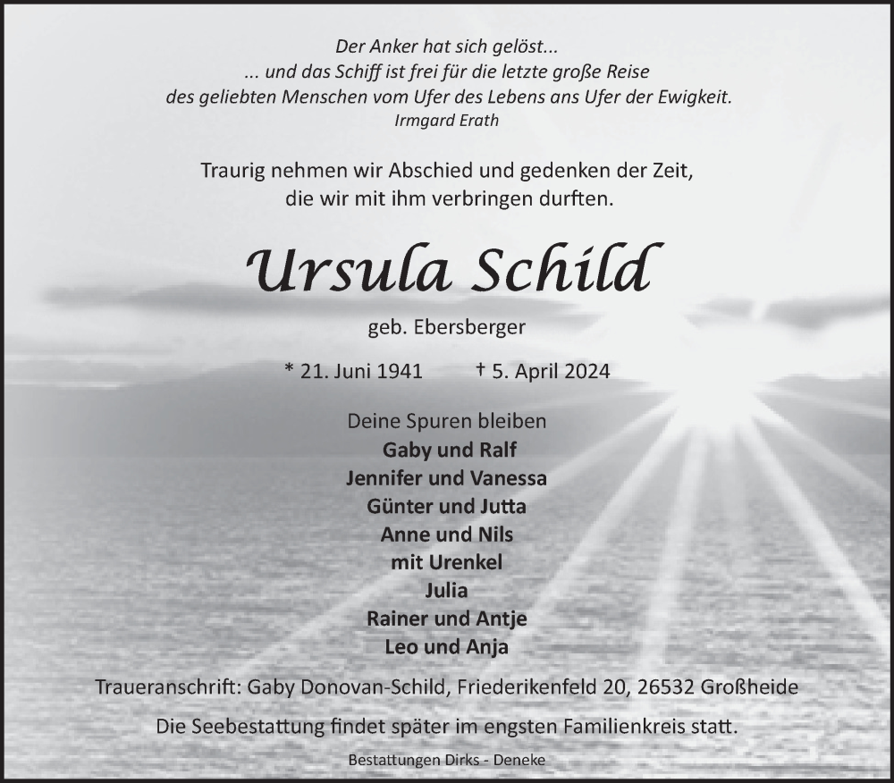  Traueranzeige für Ursula Schild vom 13.04.2024 aus Ostfriesischer Kurier GmbH