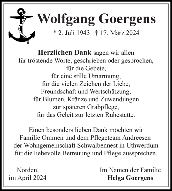 Traueranzeige von Wolfgang Goergens von Ostfriesischer Kurier GmbH