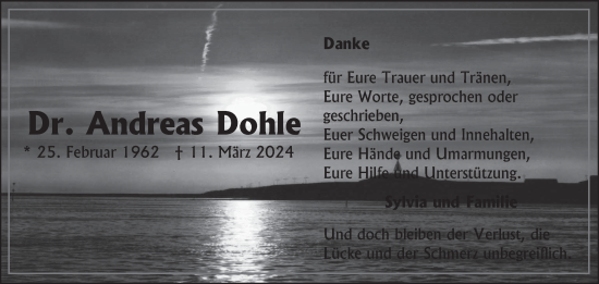 Traueranzeige von Andreas Dohle von Ostfriesischer Kurier GmbH