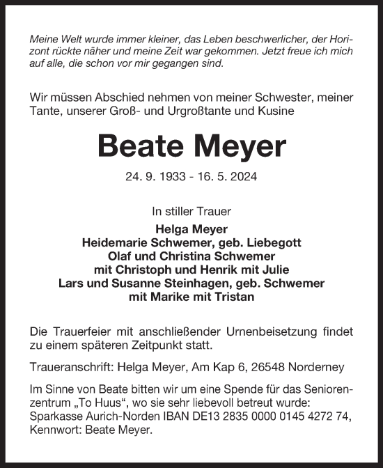 Traueranzeige von Beate Meyer von Ostfriesischer Kurier GmbH