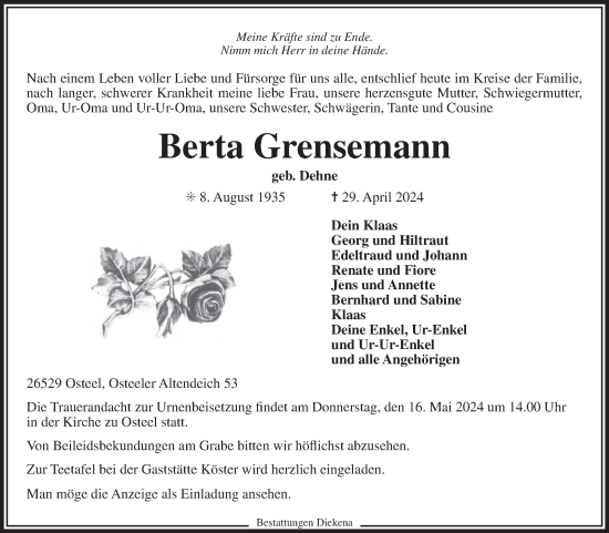 Traueranzeige von Berta Grensemann von Ostfriesischer Kurier GmbH