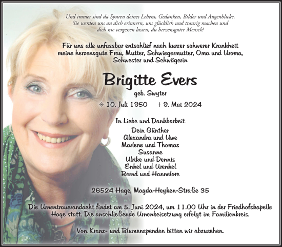 Traueranzeige von Brigitte Evers von Ostfriesischer Kurier GmbH