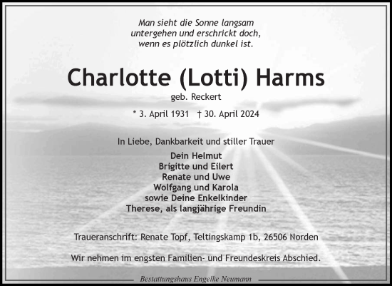 Traueranzeige von Charlotte  Harms von Ostfriesischer Kurier GmbH