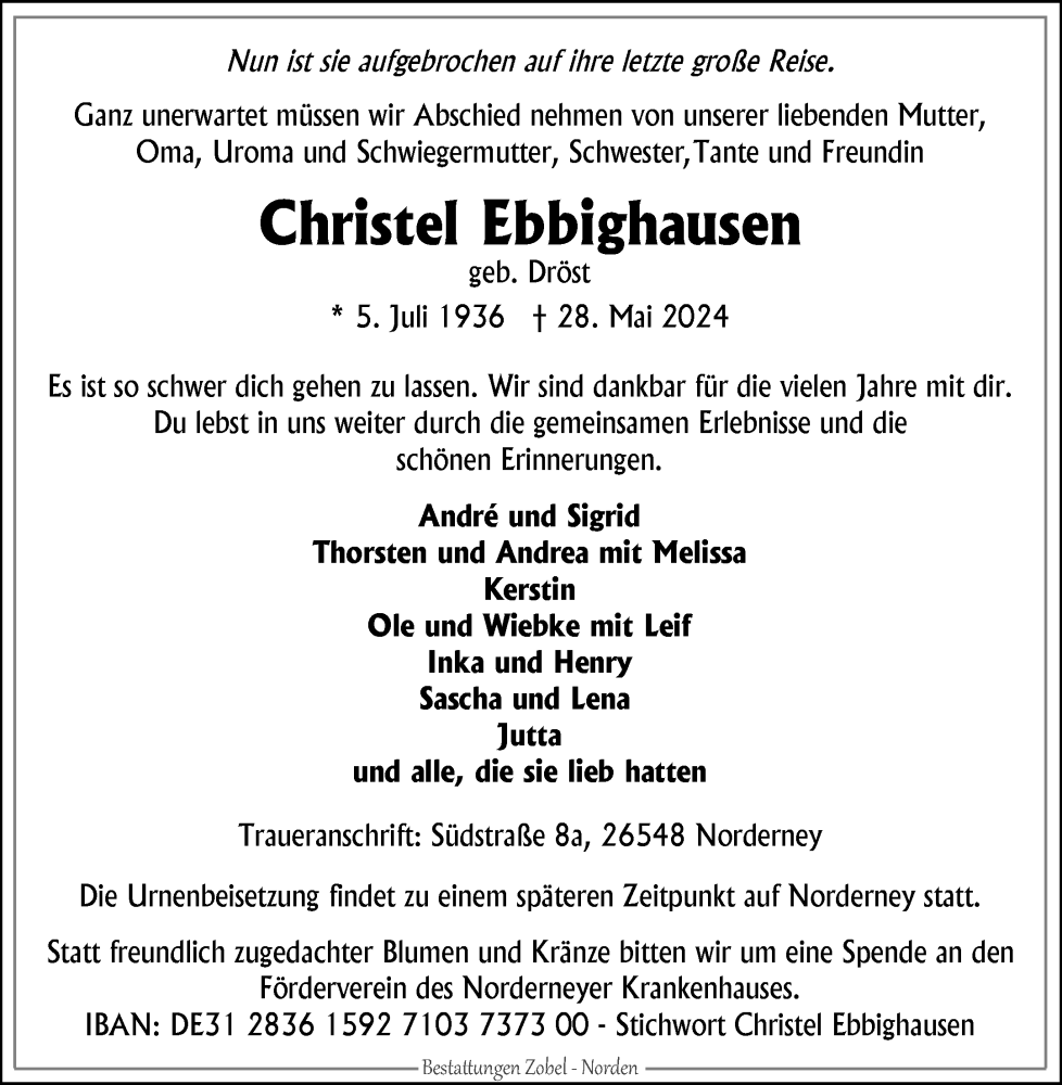  Traueranzeige für Christel Ebbighausen vom 31.05.2024 aus Ostfriesischer Kurier GmbH