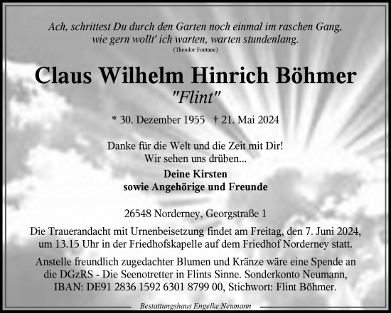 Traueranzeige von Claus Wilhelm Hinrich Böhmer von Ostfriesischer Kurier GmbH