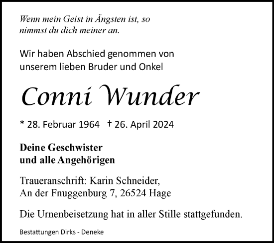 Traueranzeige von Conni Wunder von Ostfriesischer Kurier GmbH