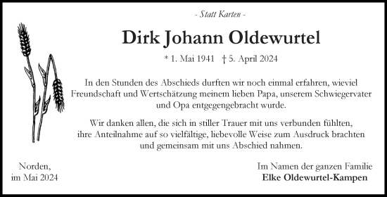 Traueranzeige von Dirk Johann Oldewurtel von Ostfriesischer Kurier GmbH