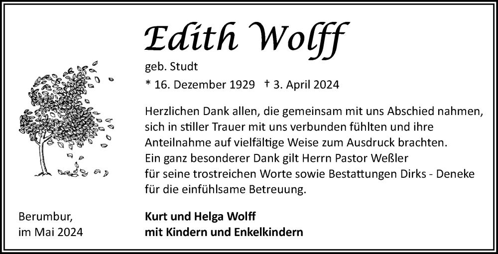  Traueranzeige für Edith Wolff vom 25.05.2024 aus Ostfriesischer Kurier GmbH