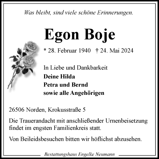 Traueranzeige von Egon Boje von Ostfriesischer Kurier GmbH