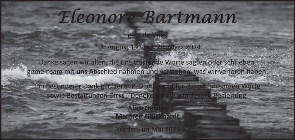  Traueranzeige für Eleonore Bartmann vom 11.05.2024 aus Ostfriesischer Kurier GmbH