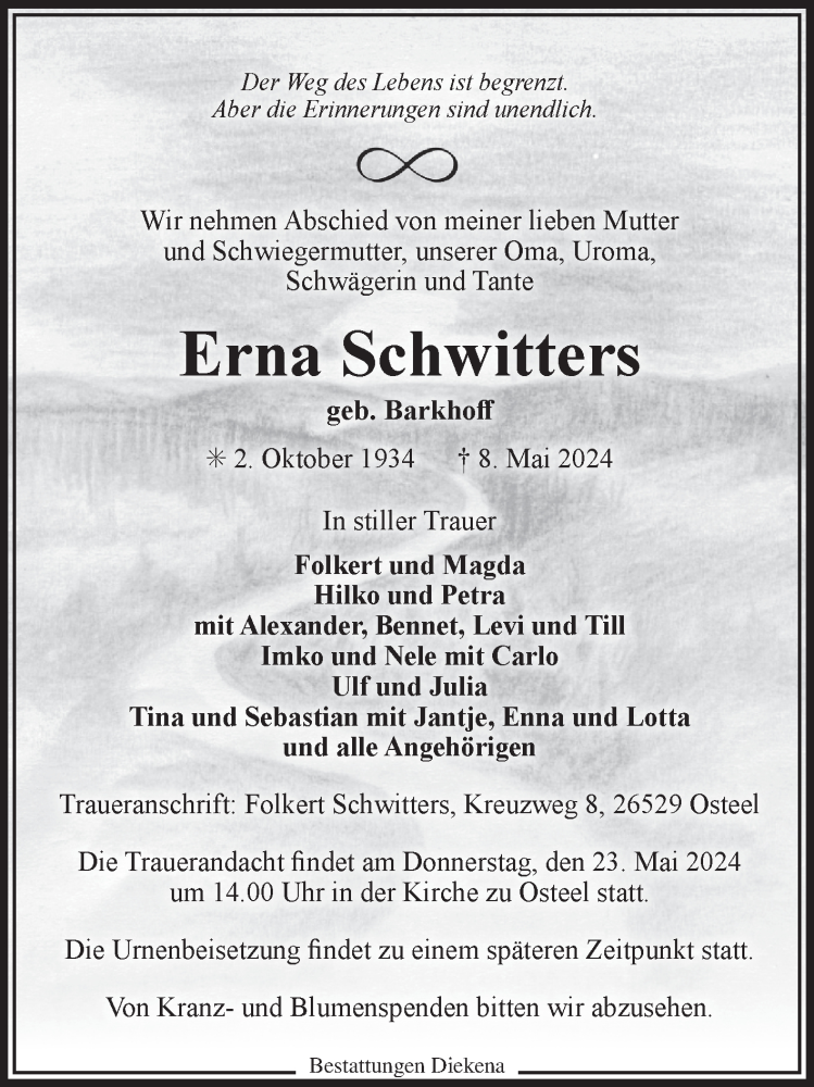  Traueranzeige für Erna Schwitters vom 15.05.2024 aus Ostfriesischer Kurier GmbH