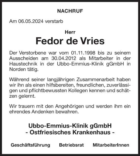 Traueranzeige von Fedor de Vries von Ostfriesischer Kurier GmbH