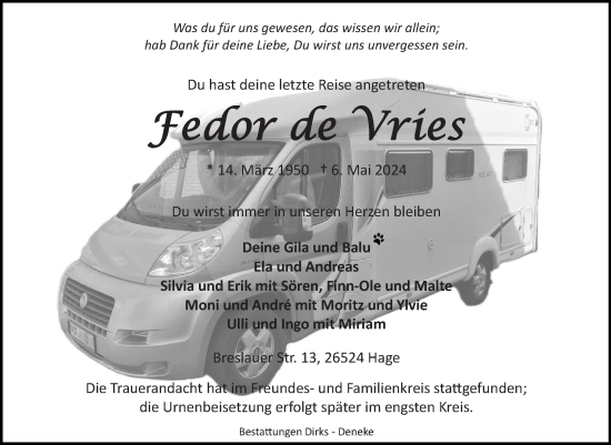 Traueranzeige von Fedor de Vries von Ostfriesischer Kurier GmbH