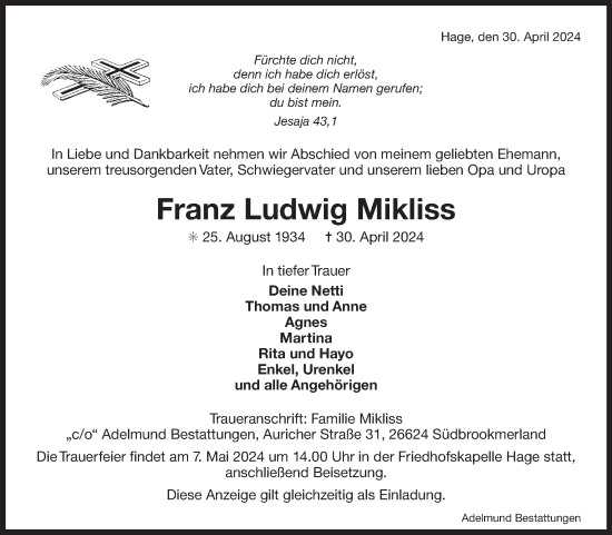 Traueranzeige von Franz Ludwig Mikliss von Ostfriesischer Kurier GmbH