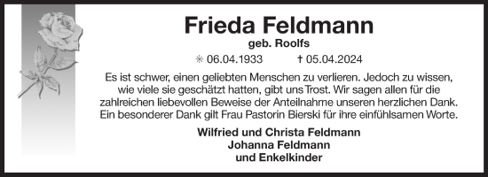 Traueranzeige von Frieda Feldmann von Ostfriesischer Kurier GmbH