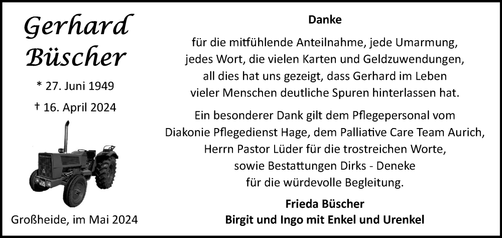  Traueranzeige für Gerhard Büscher vom 25.05.2024 aus Ostfriesischer Kurier GmbH